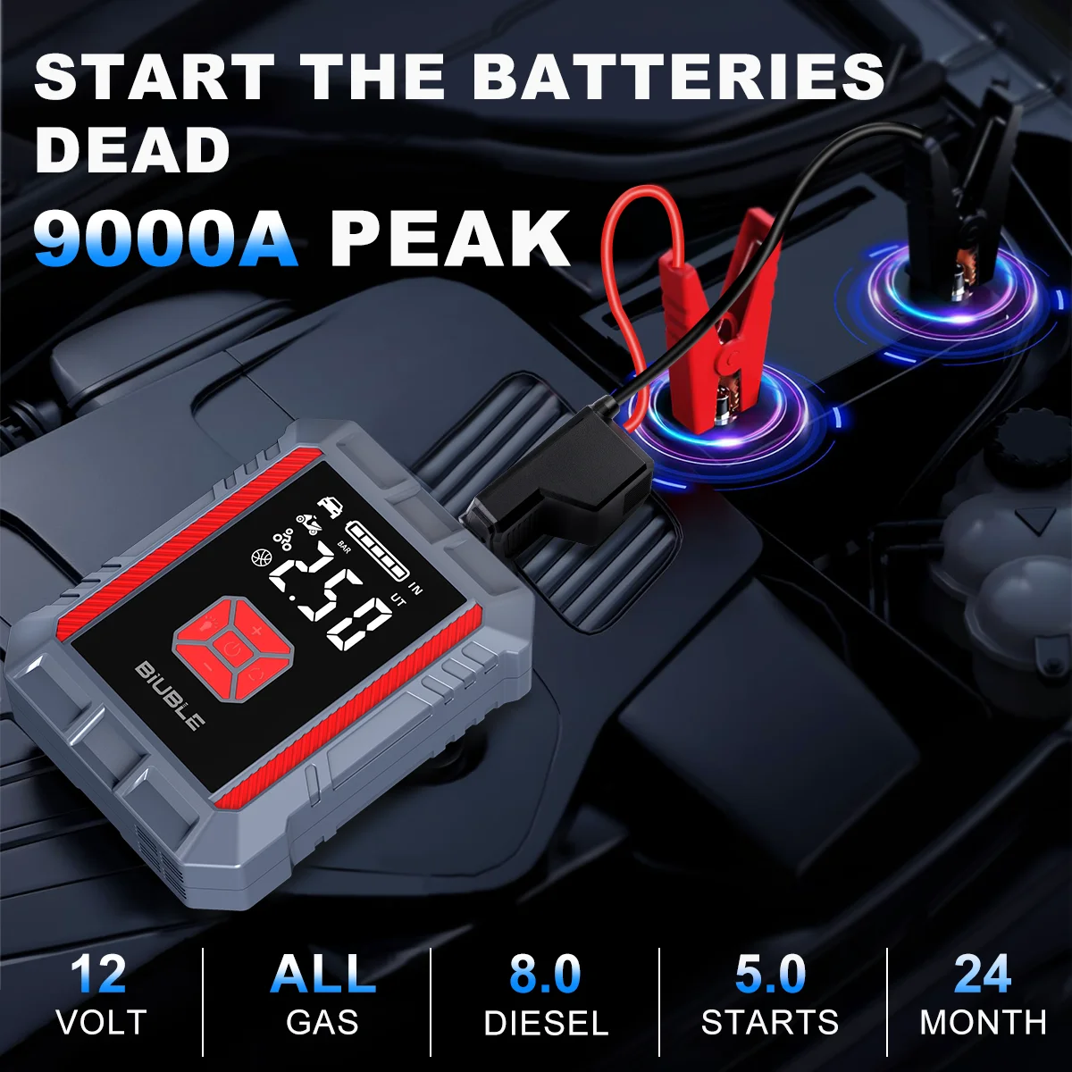 BIUBLE Car Battery Jump Starter 8500A Jump Start Case Portable Car Starter Battery Pack with Extended Smart Jumper Cable