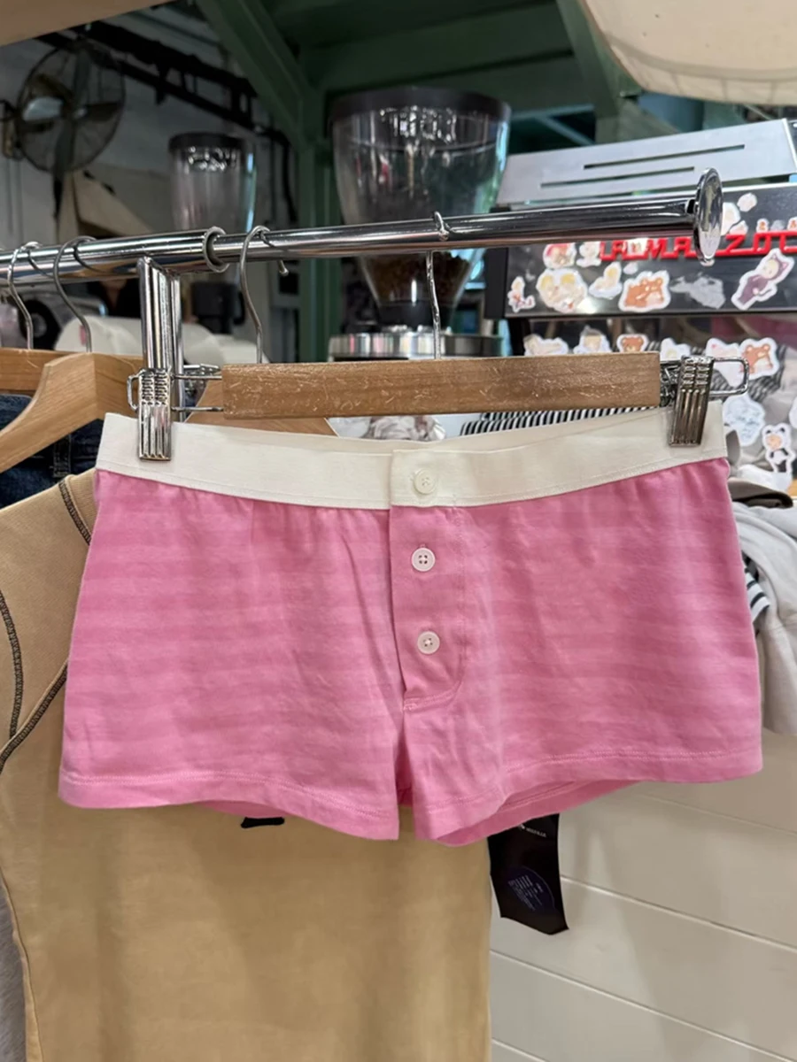 

Pink Striped Cotton Home Shorts Women Four Buttons Patchwork Elastic Waist Straight Short Pant Summer Sweet Cute Woman Underwear
