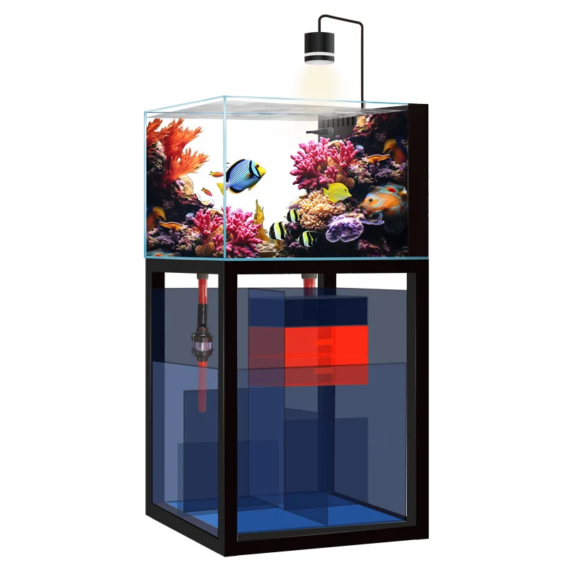 Aquarium, home seawater tank, medium and small bottom filter, ultra-clear glass seawater coral landscape tank for living rooms