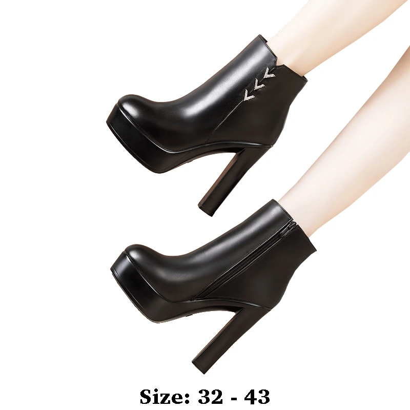 

High quality short ankle leather boots for women 13cm high heel round toe 2025 32 33 34 autumn winter elegant shoe black red