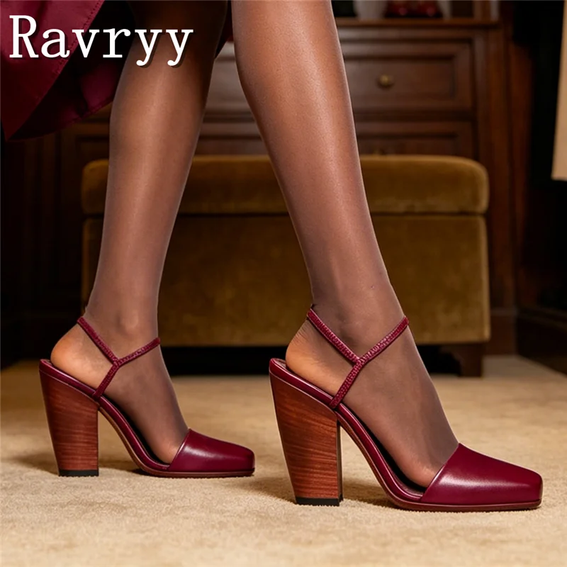 Elegant Wine Red Black Coarse Heel Pumps Women New Closed Square Toe Ankle Strap Chunky Heel Sandals for Party Formal Dress