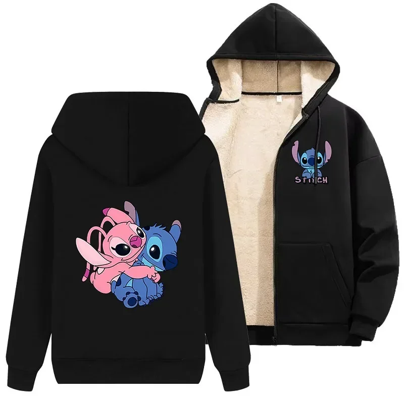 Stitch Adult Hooded Sweatshirt Cartoon Angel Women Sportswear Lambswool Thicken Warm Winter Zipper Coats Men Clothes Gift