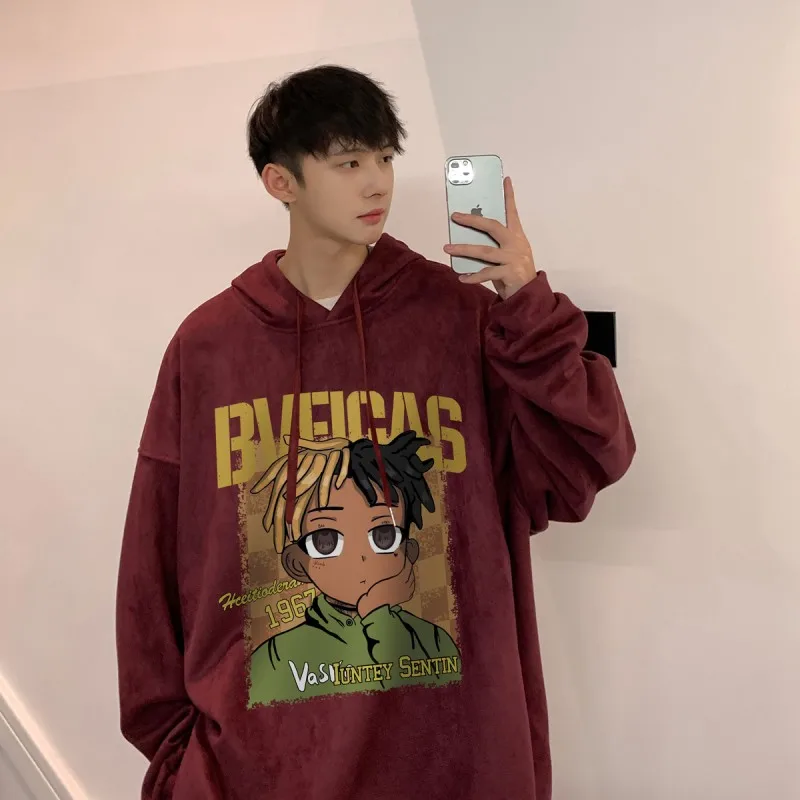 

Red Wine Color Men's Hoodie American Retro Suede Spring Autumn Cartoon Print Fce Lined Jaet Loose Fit Casual Wear