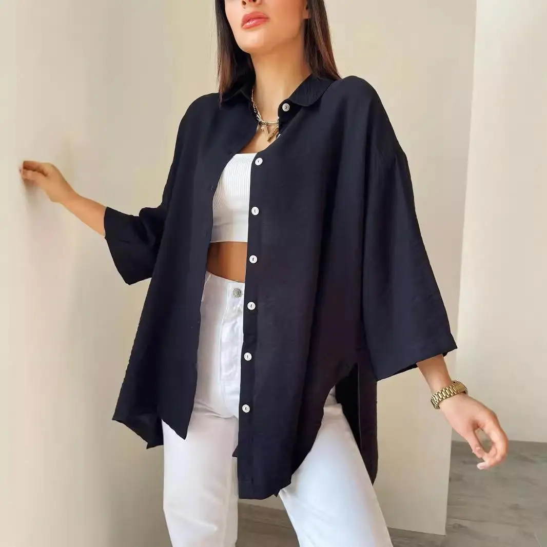 

Women's Open Cut plus Size irt Long Sve Bell Sve Folded Pure Color European Sle Faionable Women's Workwear