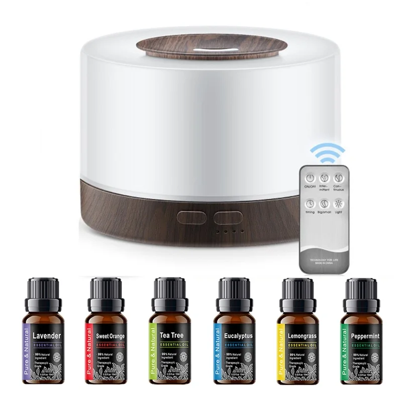 

Premium 500ml Wood Grain Essential Oil Diffuser - Ultrasonic Humidifier with Remote Control, 7-Color LED & 6 Oils (Cool Mist)