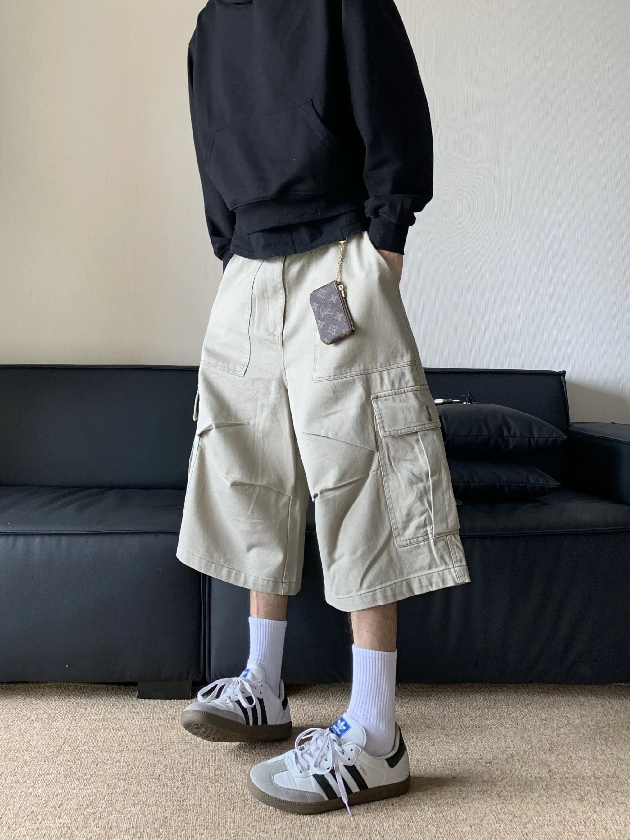 

American Retro Waed Large ket Workwear orts Loose ex Functional Casual Wide Leg Five-Seven Split Pants