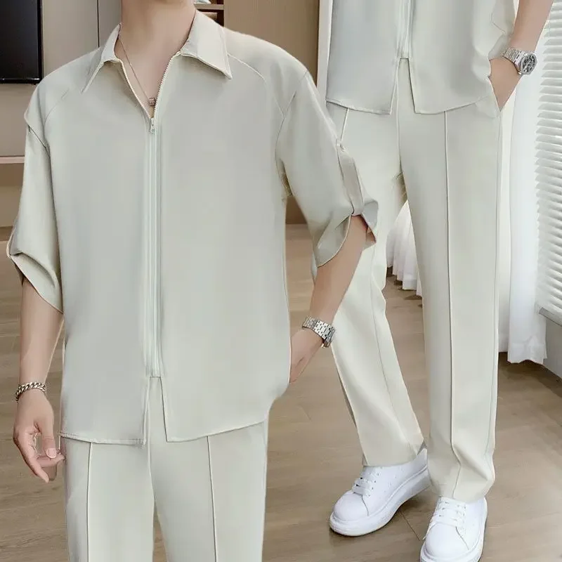 

Ice Silk Men's Pants Set Plain Stretch Baggy Trends Costumes Regular Fit Original Brands Cheap Clothes Male Shirts Trousers Sets