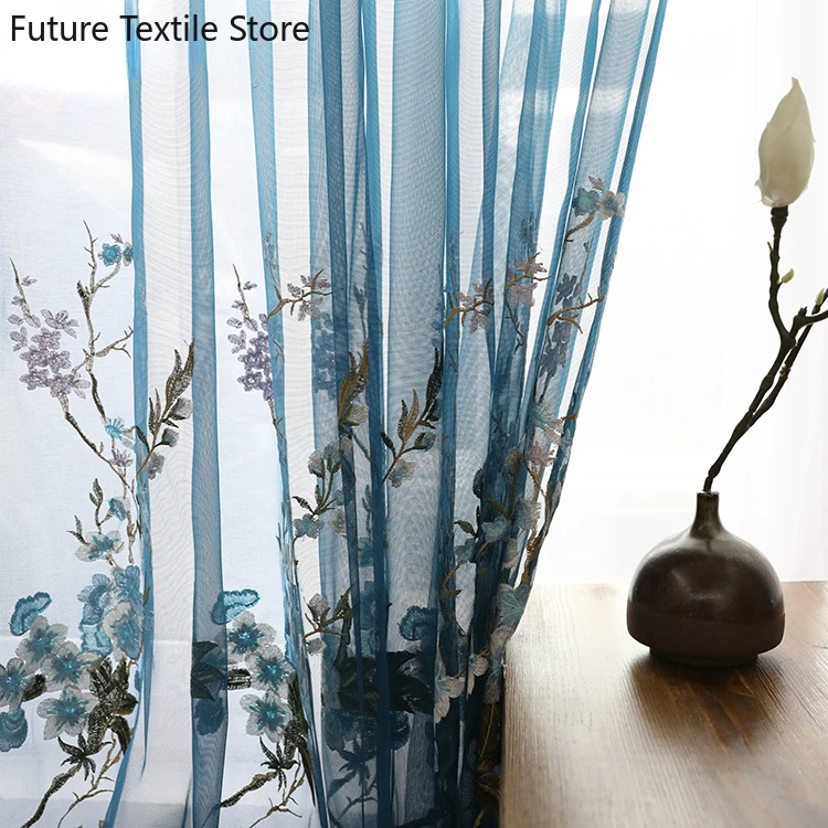 

Customized Chinese-style window screen curtain living room peacock blue dark retro elegant bedroom balcony plum embroidery rhj