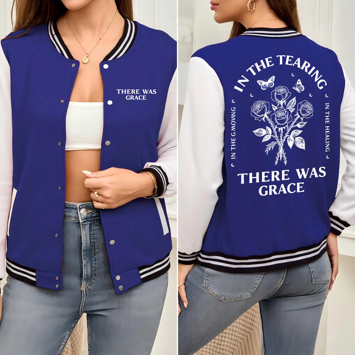 

There Was Grace Rose Butterfly Print Women Jackets Cotton Loose Clothes Autumn Colorful Sportswear Casual Baseball Uniform