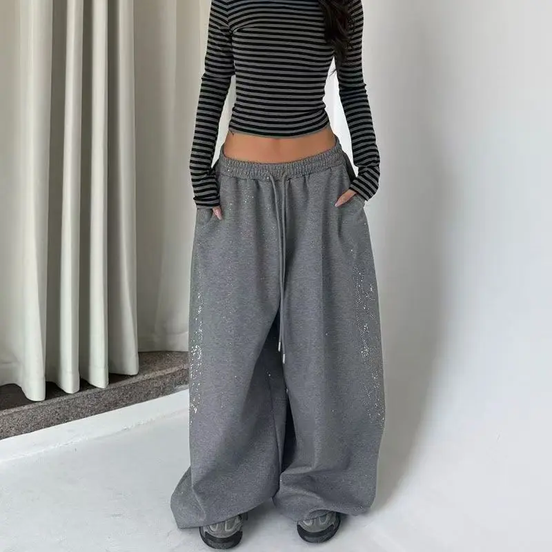 Hot Diamond Sparkle Jazz Hip-Hop mujeres americanas Retro pantalones deportivos calle coreana pantalones sueltos para correr pantalones de pierna ancha de cintura alta
