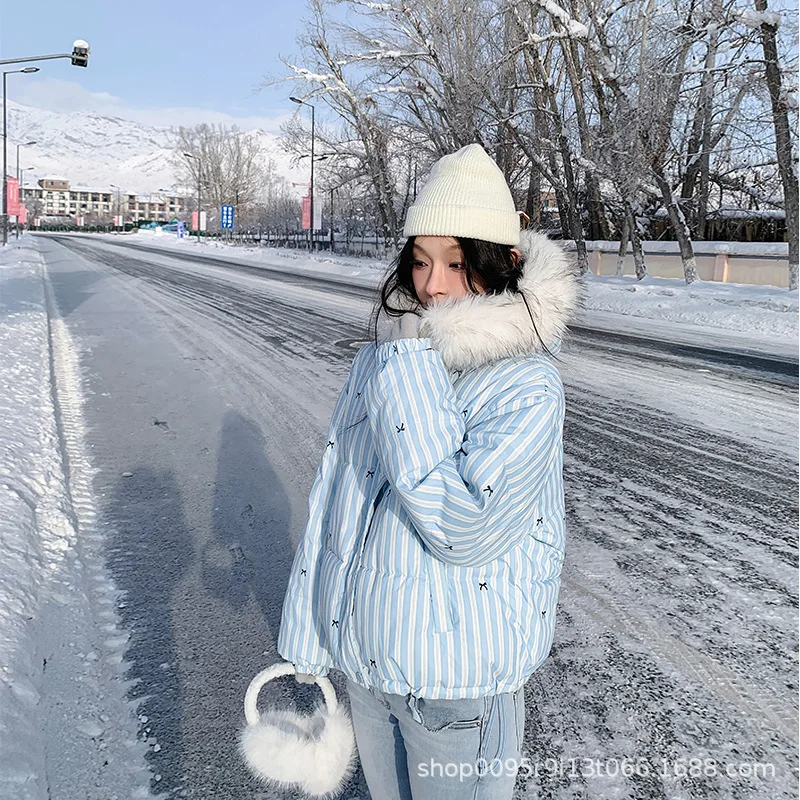 Women's Winter Big Fur Collar Hooded Cotton Jacket Korean Fashion Bow Printed Cotton-Padded Coat Casual Thickened Warm Outerwear