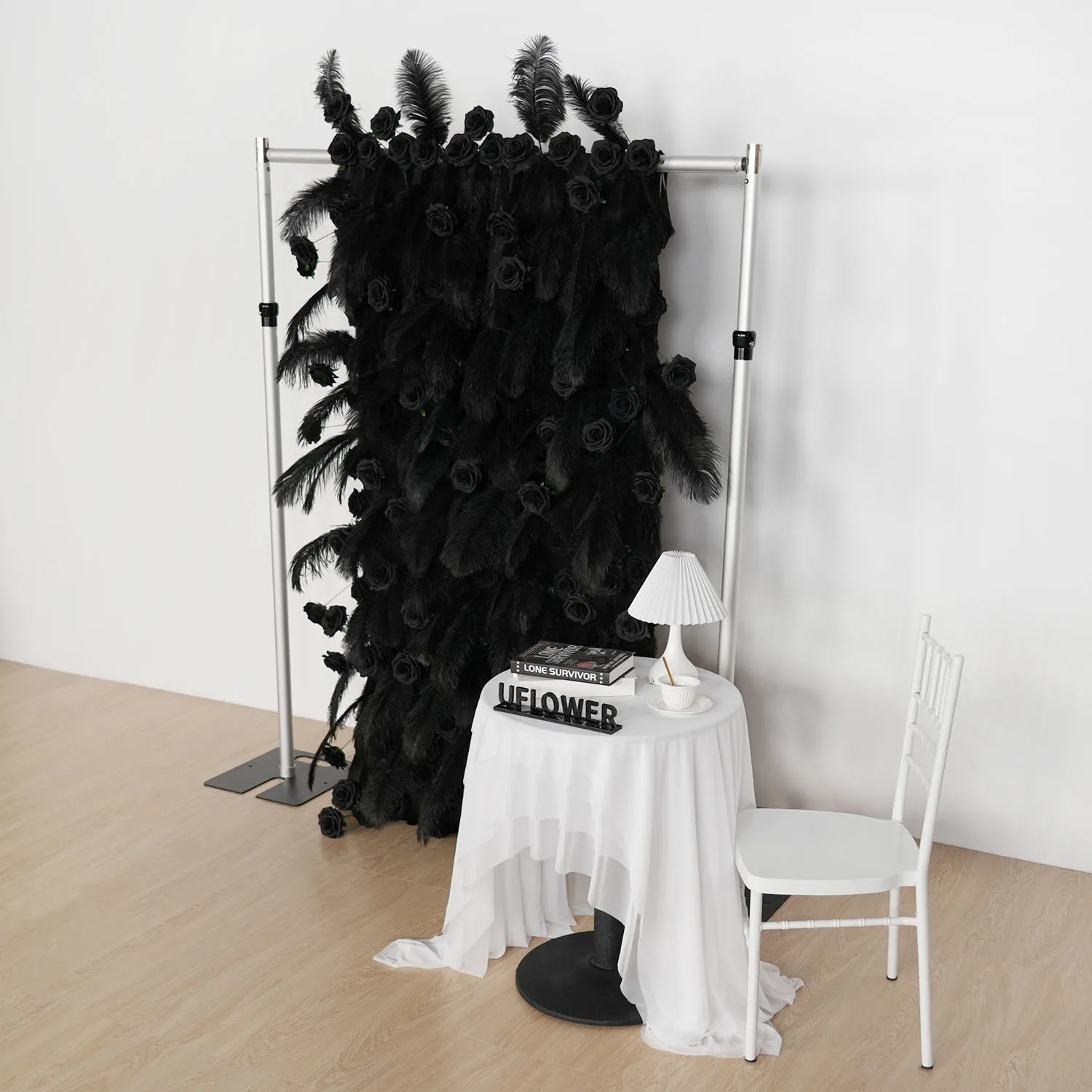

Uflower Artificial Flower Wall Luxurious Black Feather Arrangement Wedding Backdrop Roll Up Fabric Decor Floral Wall