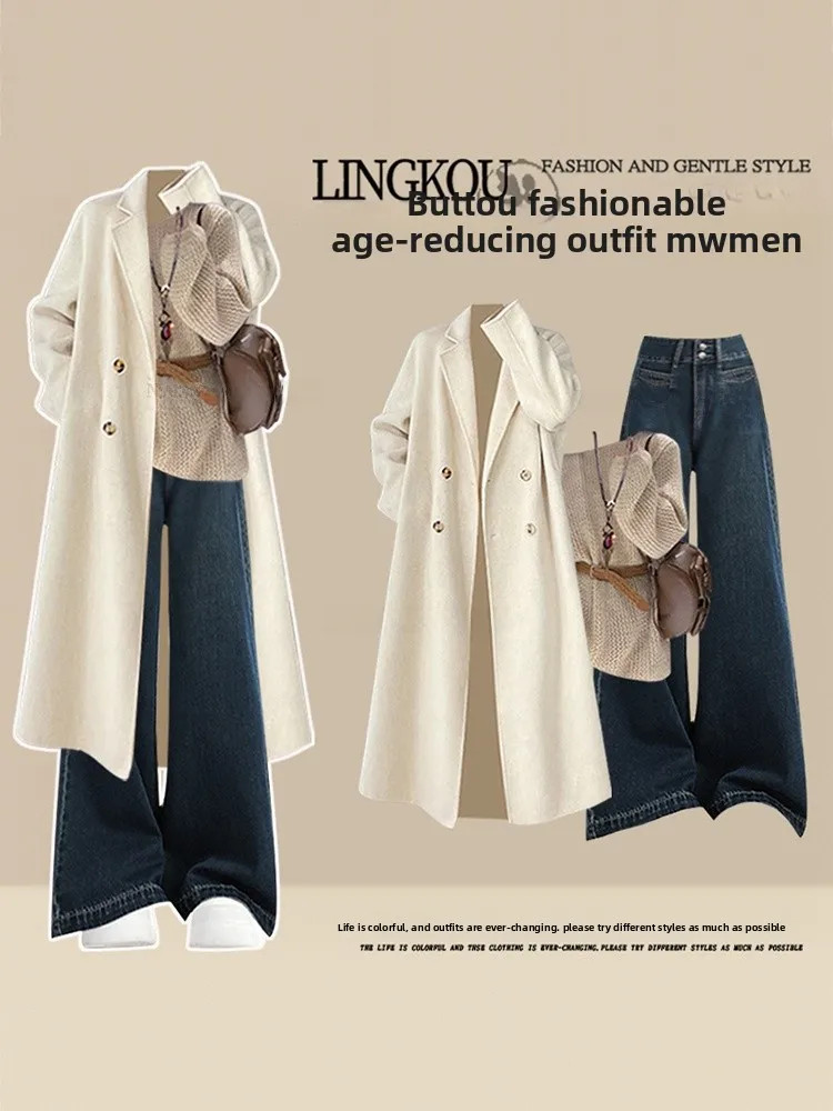 

Faionable plus Size Knitted Set Women's Long Coat Slimming Sweater Wide Leg Pants Tee Piece Suite Autumn Winter Casual Wear
