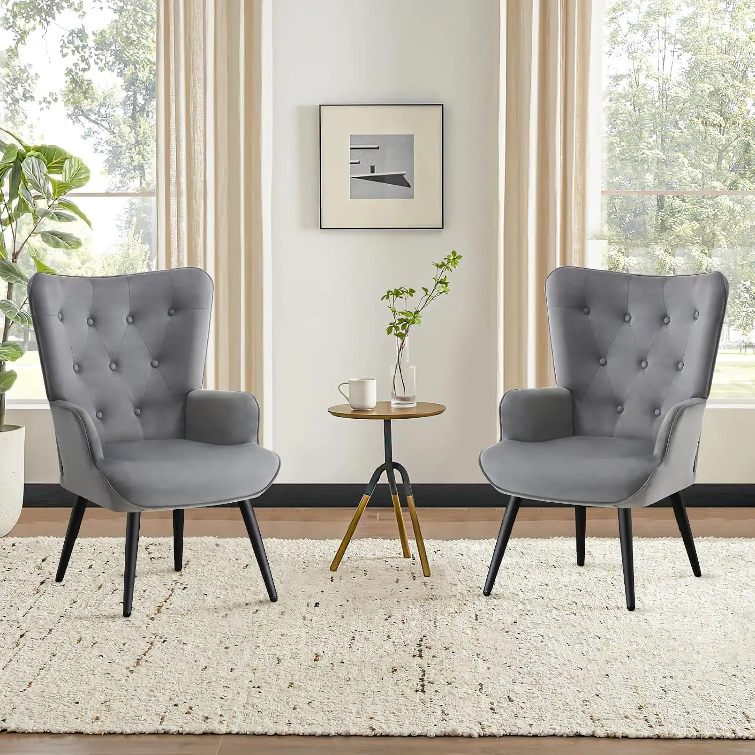Velvet Wingback Armchair High Backrest Tufted Upholstered Accent Chair Living Room Bedroom Office Grey Set Of 2, Customized