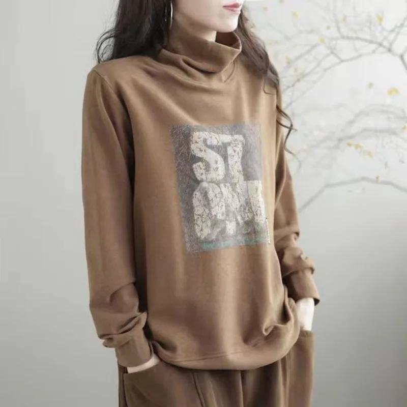 

Autumn Winter Women's Pullover Turtleneck Solid Letter Printing Lantern Long Sleeve T-shirt Underlay Fashion Casual Elegant Tops