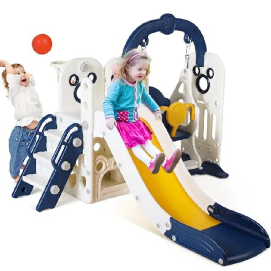 

7 in 1 Toddler Slide and Swing Set Climber Playset with Ball Hoop Telescope Suction Cup Reinforced Base Baby Indoor Outdoor Pla