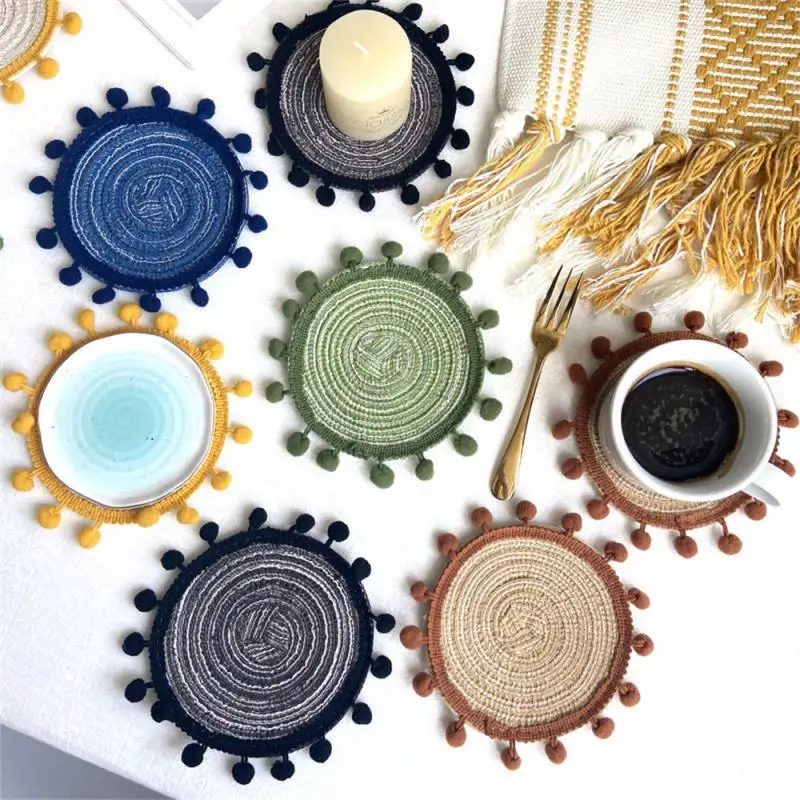 Nordic Style Cotton Yarn Dinner Placemat Round Ramie Woven Cup Mat Heat Insulation Plate Mat Anti-scald Non-Slip Coaster Cup Mat