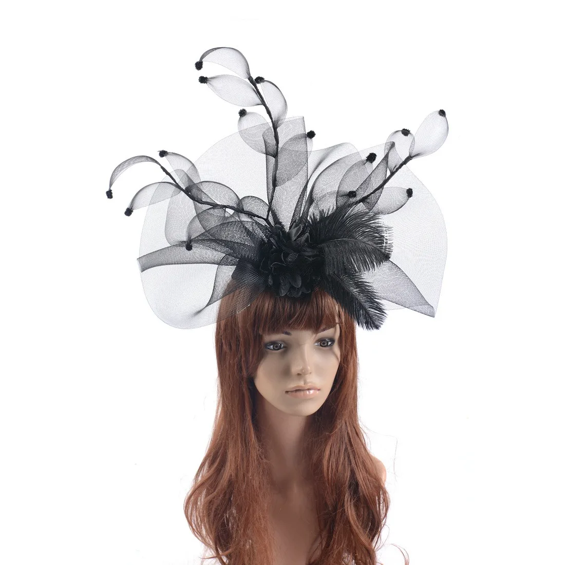 Lady Fascinators Flower Headband with Hair Clip, Pillbox Hat Cocktail Tea Party Headwear with Veil and Feather for Women