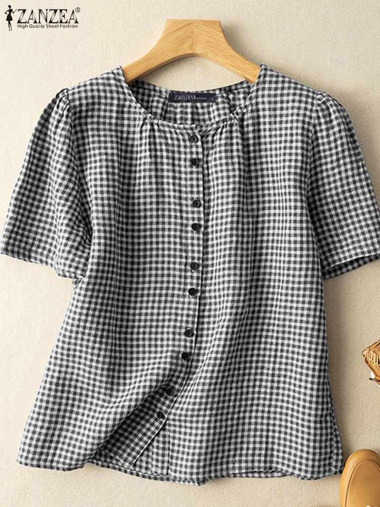 2024 ZANZEA Summer Vintage Tops Casual O Neck Buttons Up Shirt Women Short Sleeve Plaid Checked Blouse Female Holiday Blusas