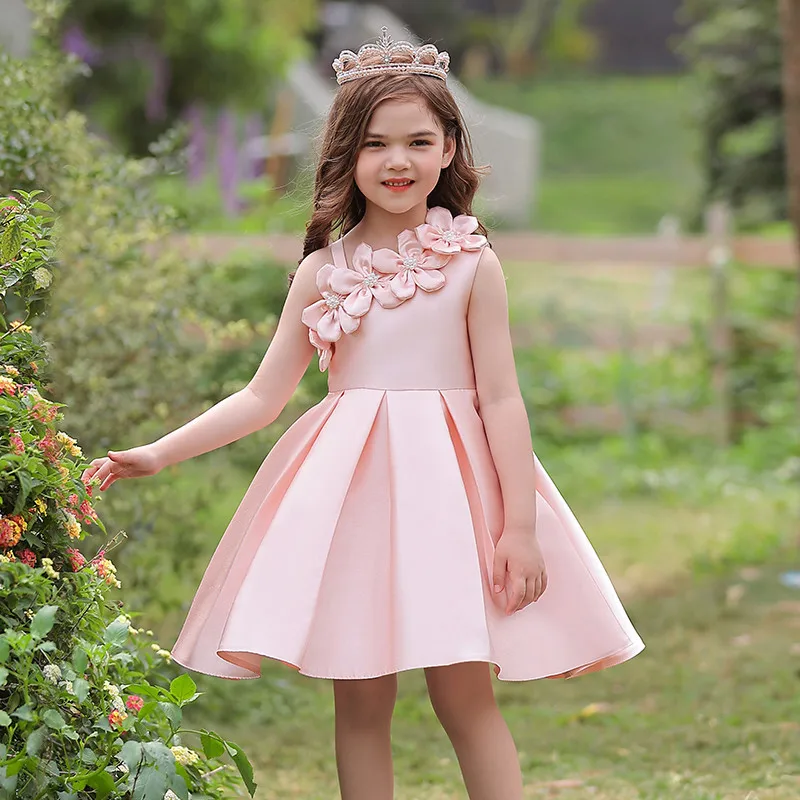 Elegant Kids High-end Flower Dress For Girl Children Sleeveless Stain Pleated Rose Cake Dress Kids Weekly Birthday Party Outfits