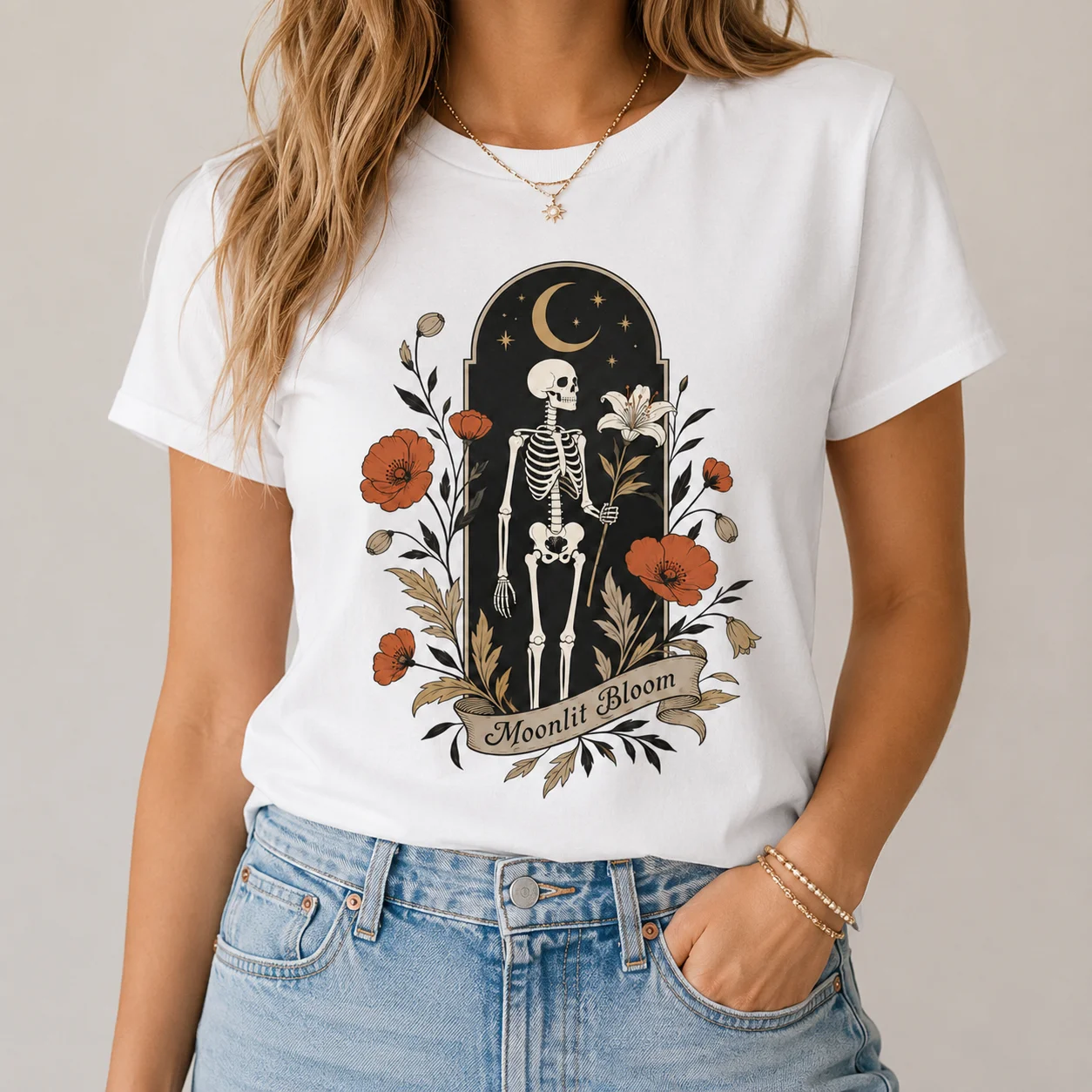 100% Cotton Women T‑Shirt 2026 Autumn Witchy Moonlit Bloom Skeleton Poppy Floral Graphic Vintage Gothic Casual Short Sleeve Tee