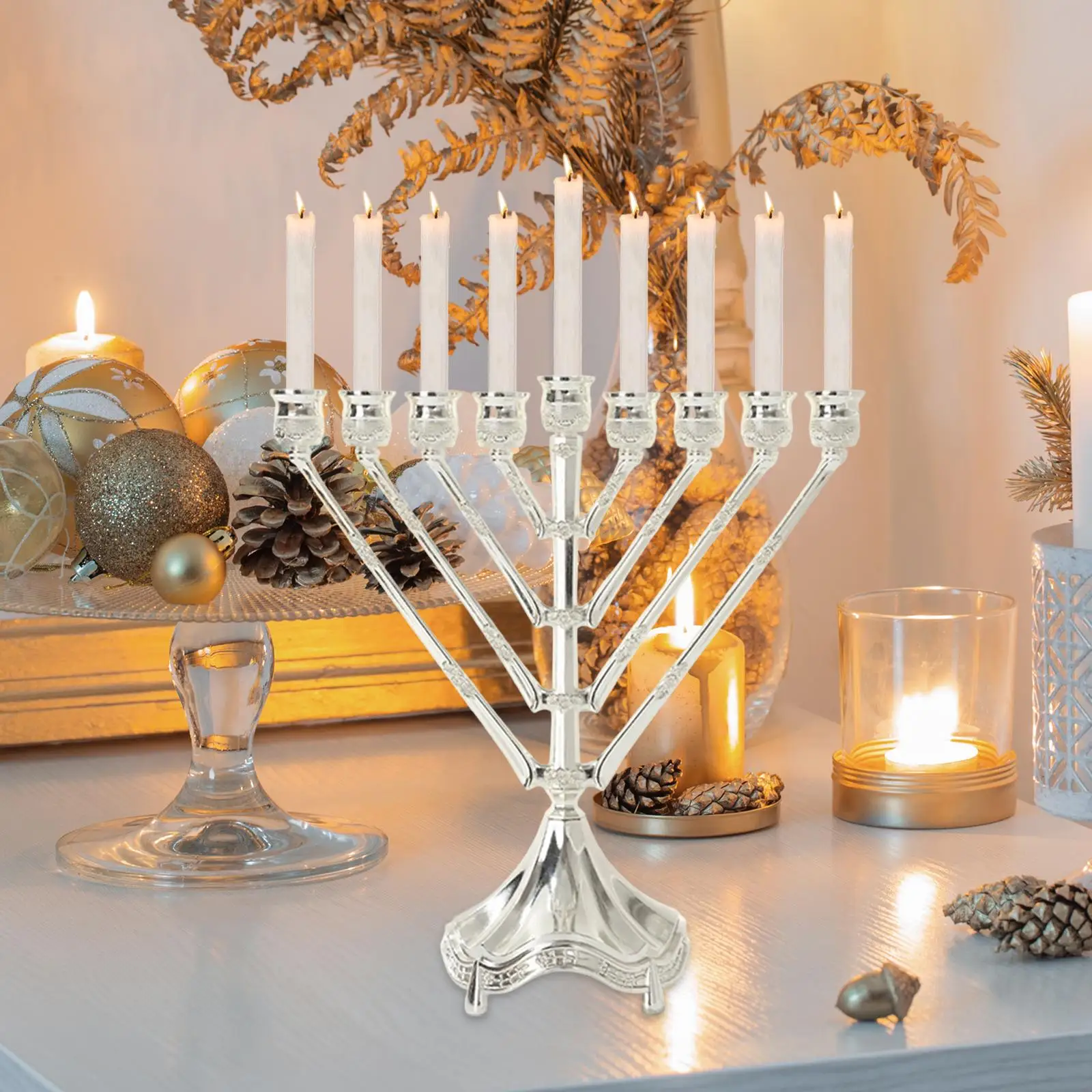 Vintage Hanukkah Menorah with 9 Arms Jerusalem Temple Candle Holder Sturdy for Prayer Festive Celebration Chanukah Decoration