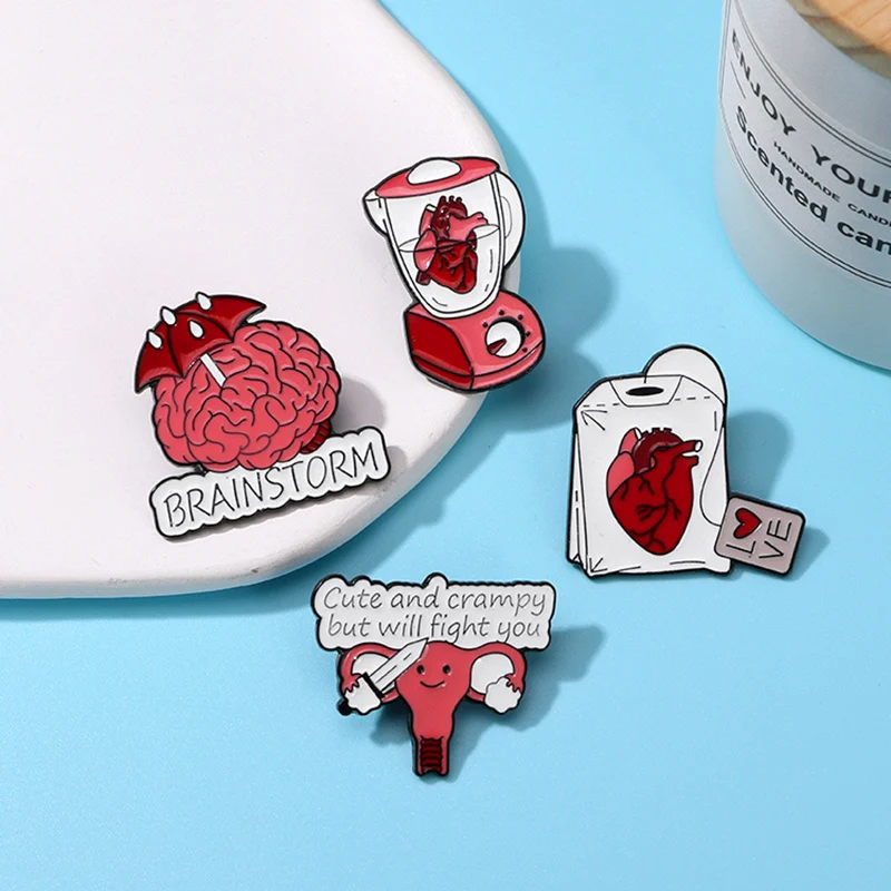 Creative Medical Organ Brooch Red Heart Juicer Tea Bag Umbrella Brain Dagger Womb Body Organ Badge Punk Lapel Pins Jewelry Gift