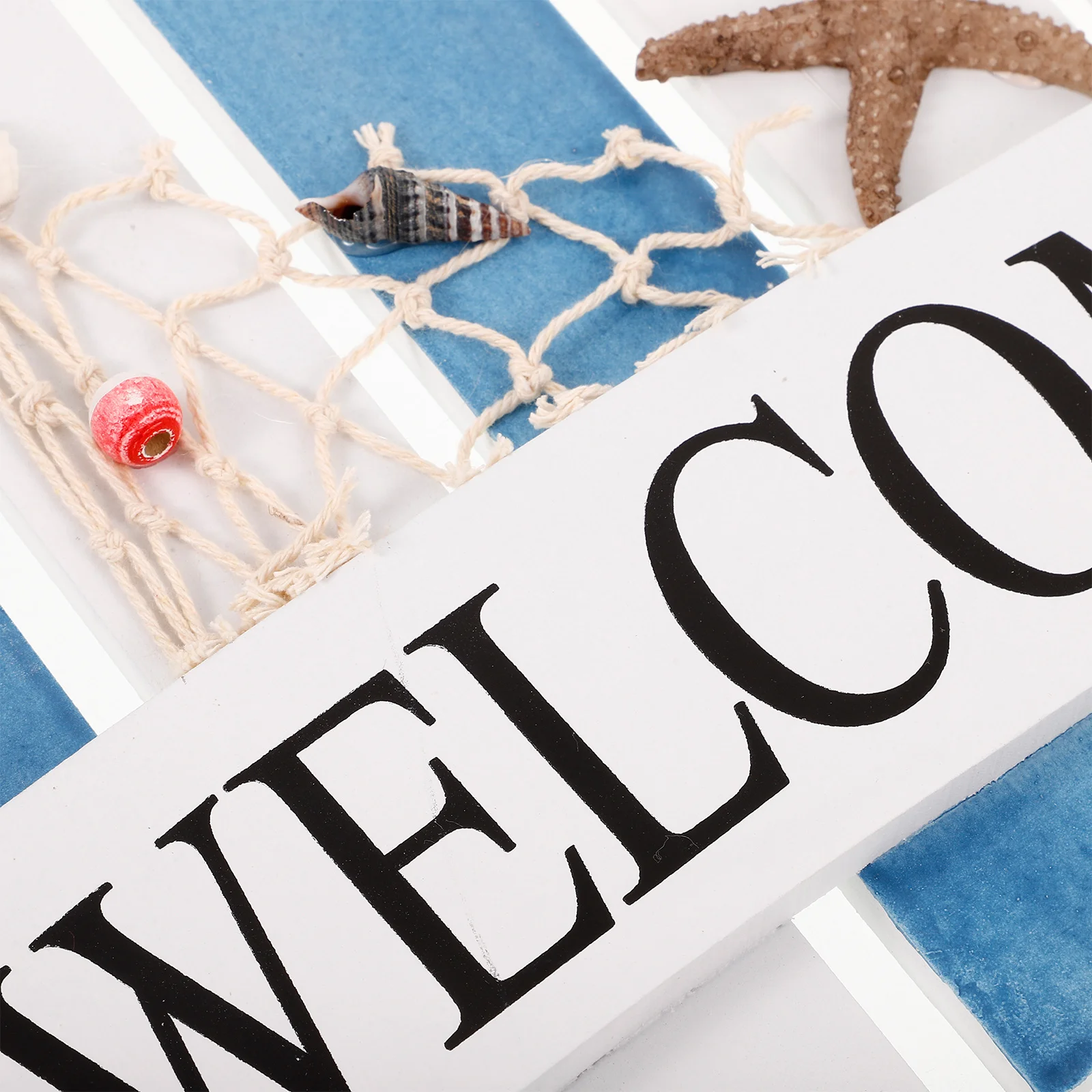 

Wooden Welcome Sign Blue White Faded Fishing Net Sea Star Mediterranean Style Nautical Wall Decor Beach Theme Home Entrance Sign