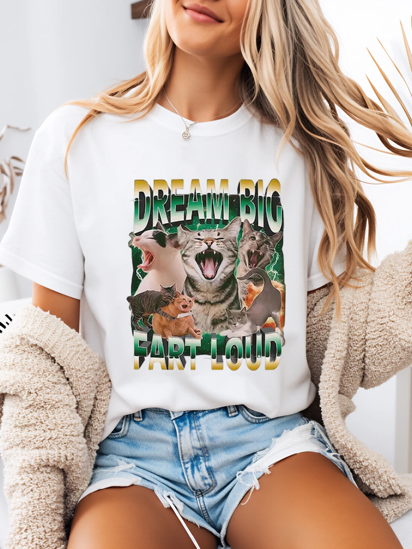 Cat Dream Big Fart Loud 프린트 티셔츠 할로윈 여성 캐주얼웨어 화이트 플러스 사이즈