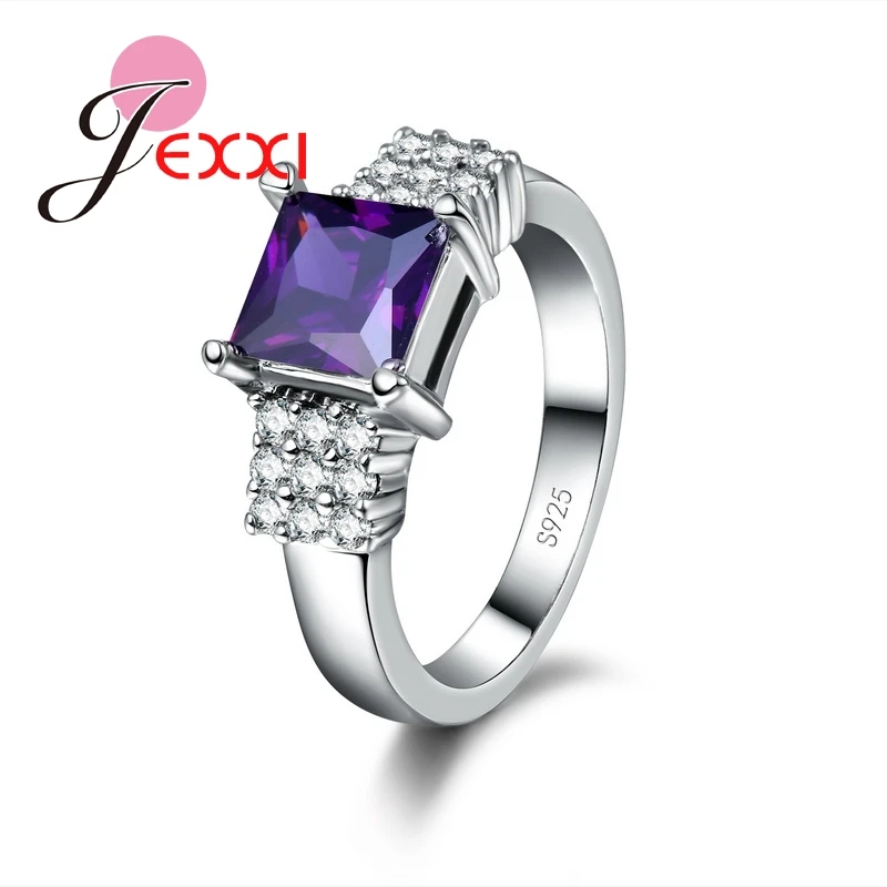 2Colors Purple Blue Square CZ Crystal Party Rings For Female Luxury 925 Sterling Silver Wedding Engagement Rings For Women