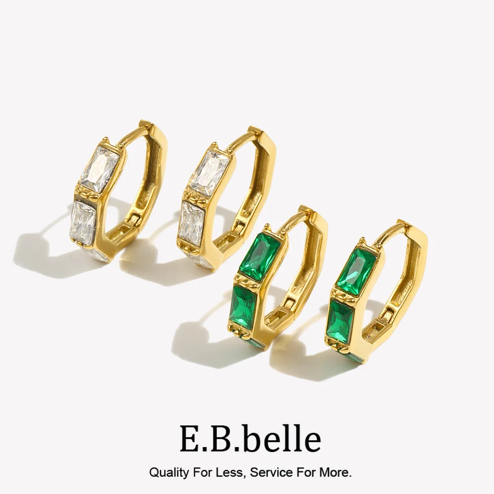 E.B.belle Bamboo Cubic Zirconia Stone Green Clear Small Huggies Hoop Earring Delicate Elegant Ladies Gold Plated Zircon Hoop