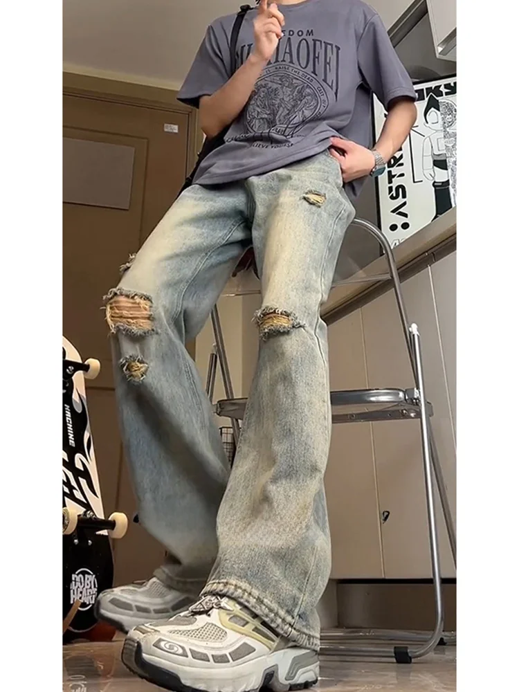 

Retro Blue Slim Fit Denim Jeans Men's High Waist Straight Leg Narrow Sle Wear Resistant Micro Flared Pants for Teens