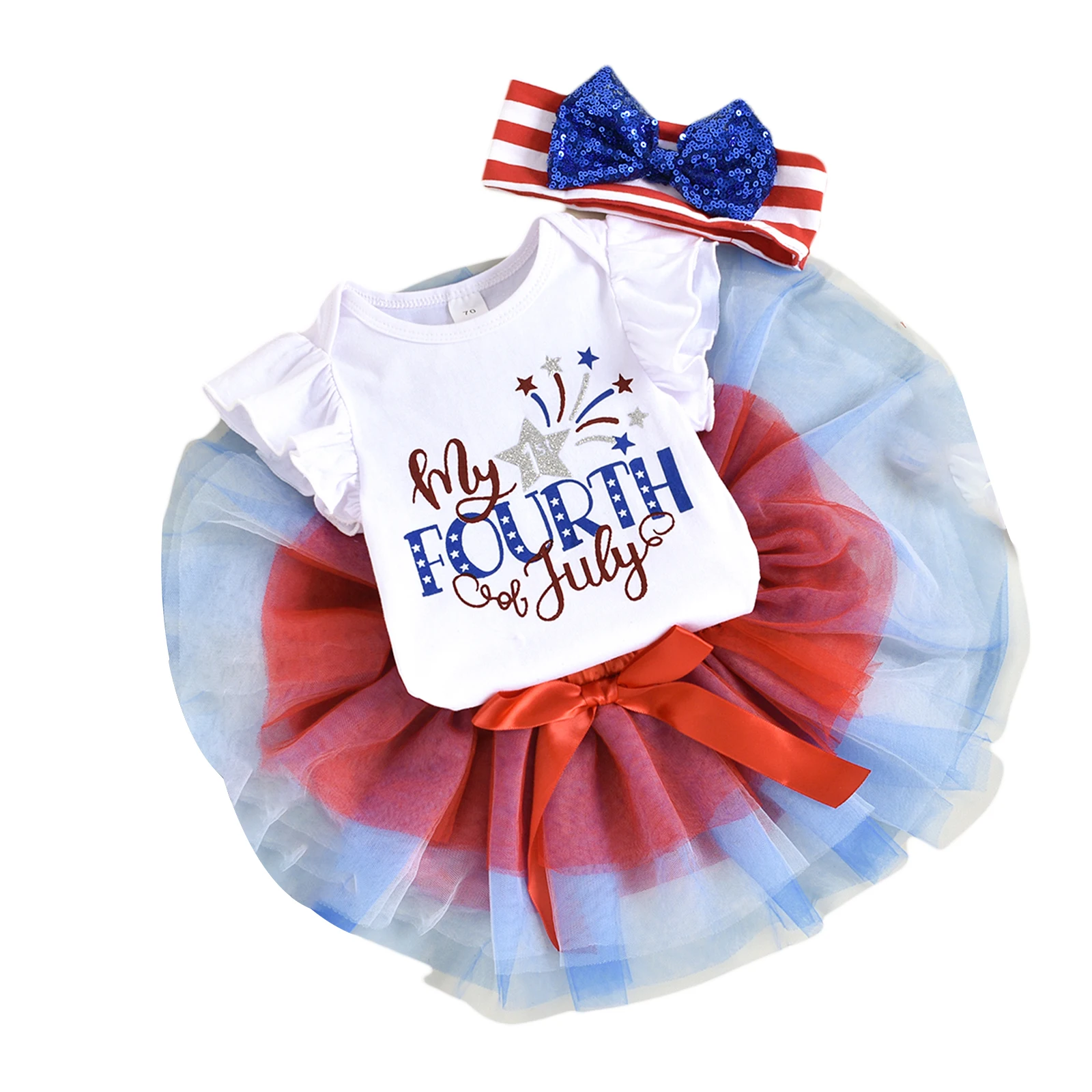 

4Pcs Baby Fourth of July Set Patriotic Star Flag Print Ruffled-Sleeve Romper Tutu Skirt Headband Shoes for Toddler