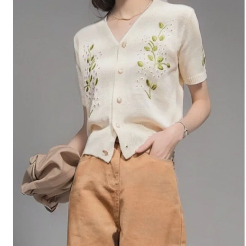 Women Summer Thin Fashion Casual V-neck Embroidered Short Sleeve Slim Comfortable Ice Silk Sweater Knitted Button Cardigan Tops