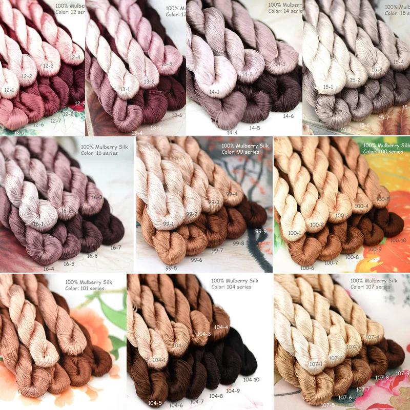 100% Hilo de bordado de seda de morera natural Hilos artesanales de seda Malva Arena Marrón Cobre Caoba Cacao Terra Cotta Color12 13 14 15 16 99 100 101 104 107