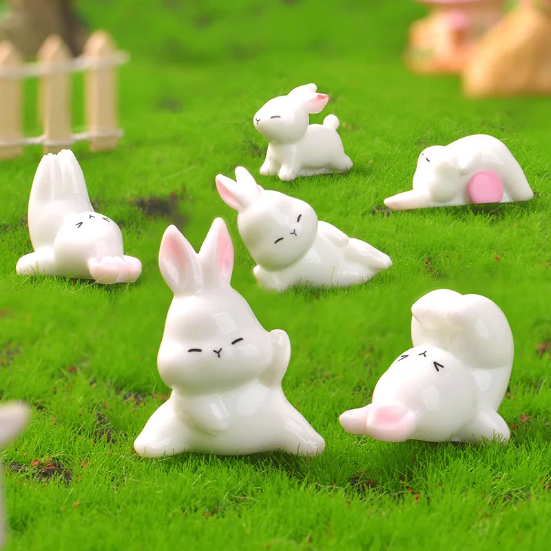 Cute Yoga Rabbit Miniatures Artificial Resin Cute White Rabbit in Exercise Desk Ornaments