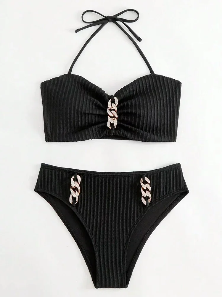 

Сексуальные однотонные полосатые бикини, комплект из 2 предметов, женский купальник на шнуровке с разрезом, высокая талия, пляжное бикини с открытой спиной, 2024, новый летний комплект бикини