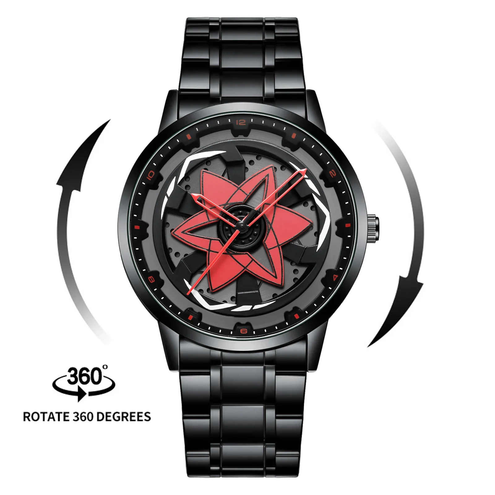 Black Stainless Steel Red Compass Rotating Clock Quartz Sports Men Watch Movement Original 3Bar Waterproof Casual Sports Watches