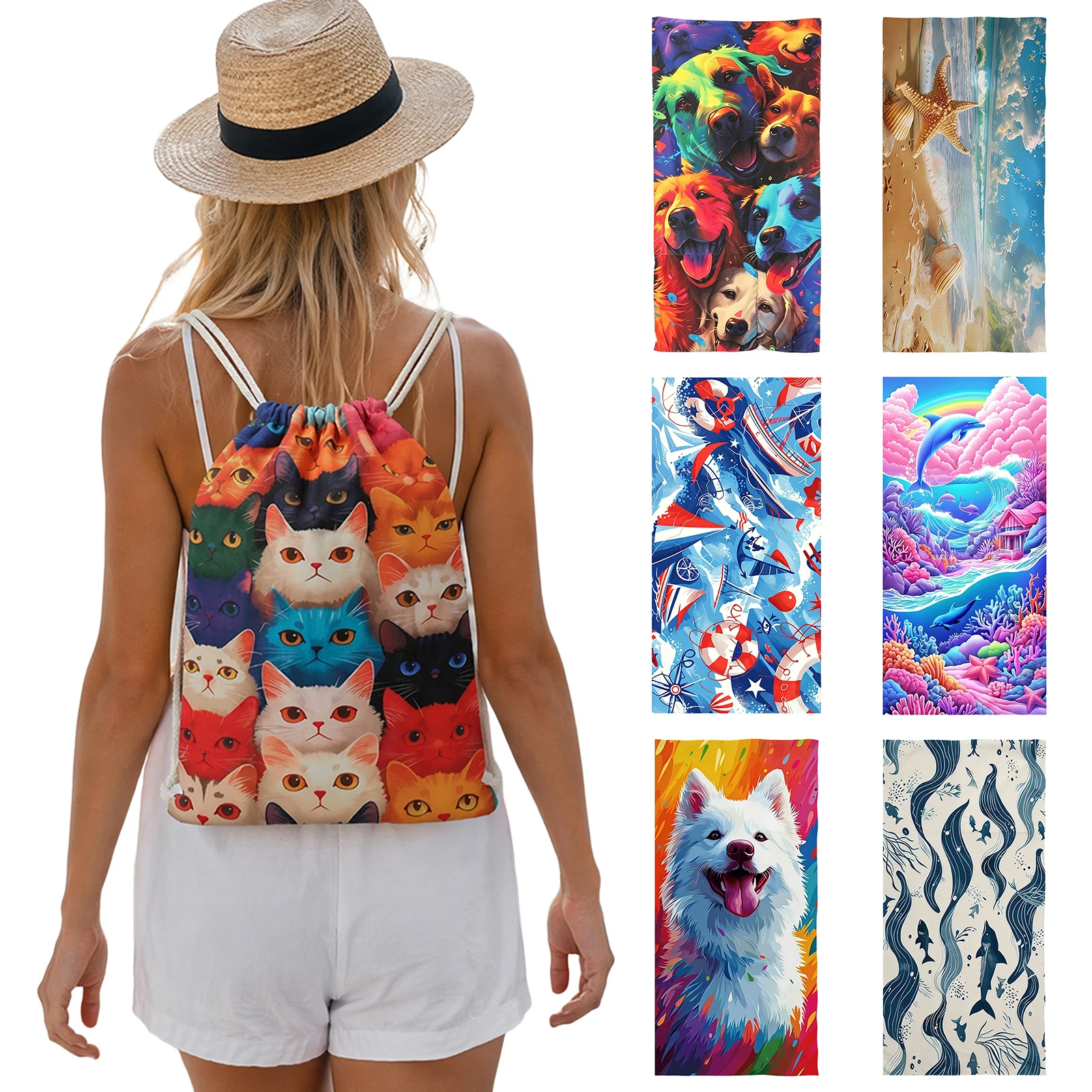 2-in-1 Printed Bath Towel Storage Bag Soft Absorbent & Quick-Drying Beach Carry Blanket Backpack for Vacation