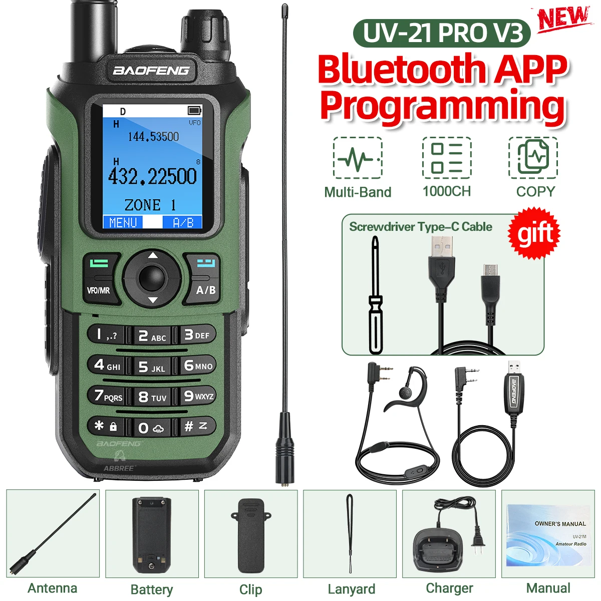 Baofeng UV-21 PRO Air Band Walkie Talkie Lange afstand Bluetooth Programmering 1000CH AM FM NOAA VOX Type-C Oplader V3 Tweerichtingsradio