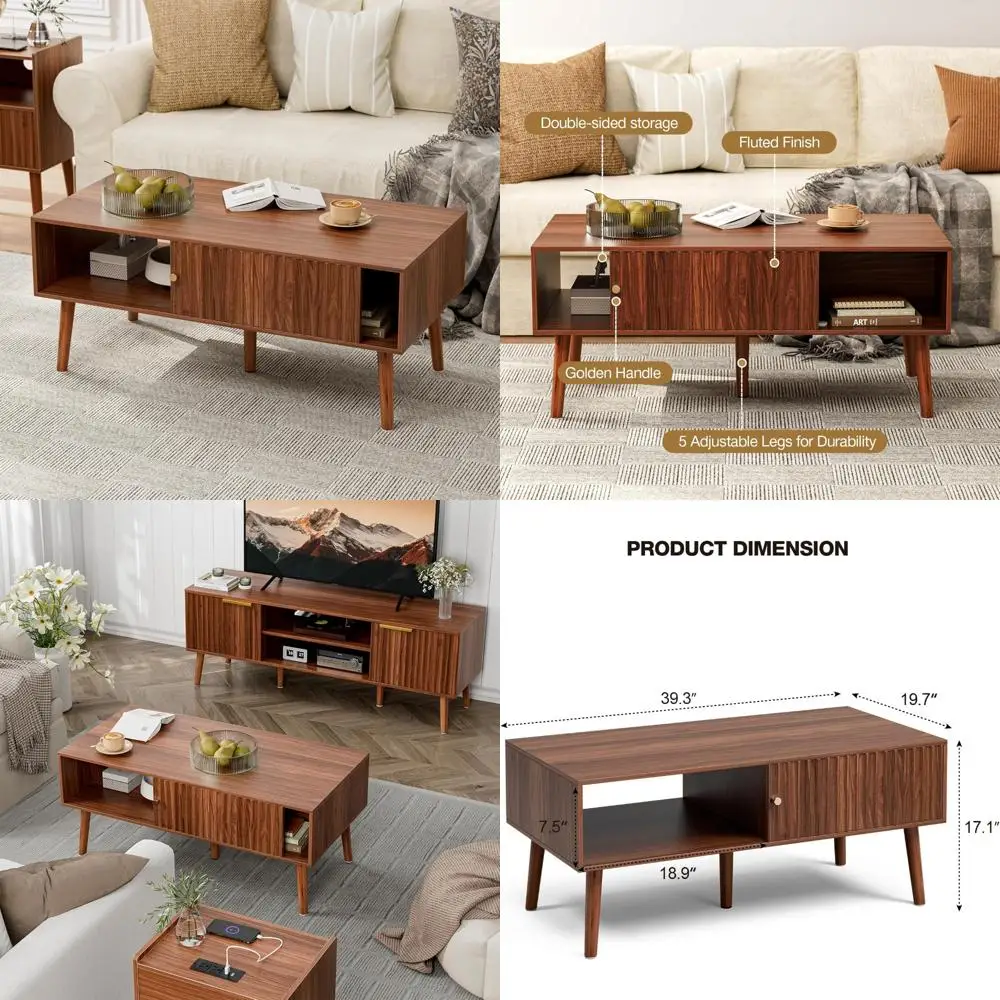 

Storage Coffee Table, Mid-Century Sliding Door Dining Table with Solid Wood Legs, Compact Living Room Coffee Tables