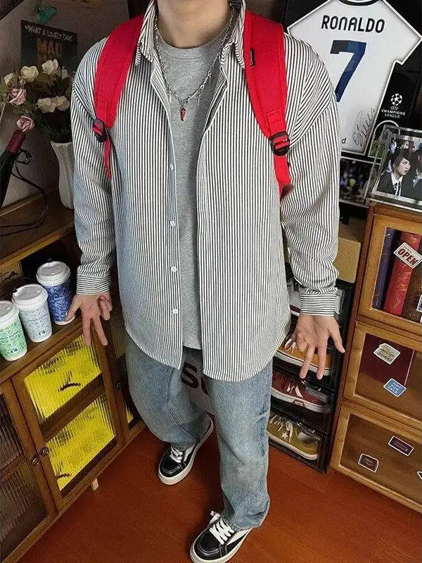 

Slim Fit Long Sve Striped irt Men's Sle Spring Season High End Feeling Cool Collar Thin Outerwear American Sle irt