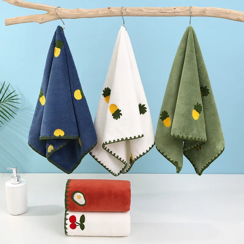 Coral Fleece Towel Wholesale — Highly Absorbent Adult Gift Towels & Face Towels, Lint-Resistant with Fruit Embroidery