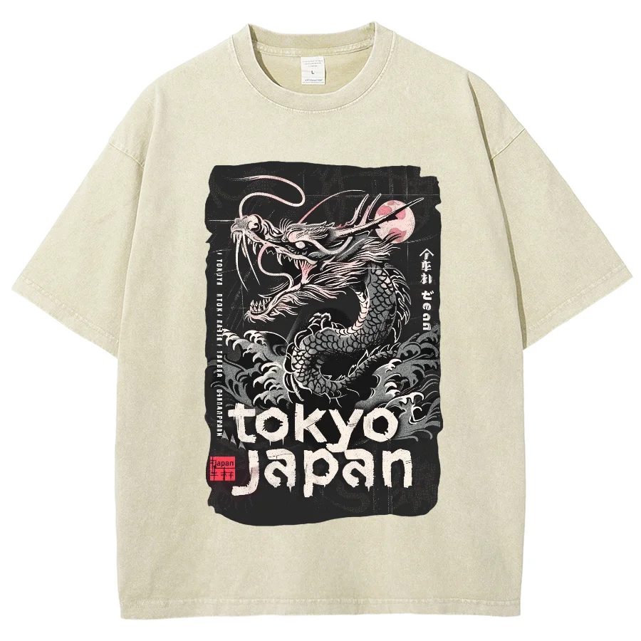 Japanse Stijl Cartoon Drakenprint Dames T-Shirt Fashion Design Wash Losse Korte Mouw Unisex Katoenen Comfort Top 2024 Zomer