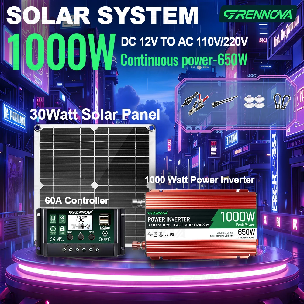 

Grennova 1000W Complete Solar System Kit with 30W Panel+1000W Inverter+60A MPPT Controller for Off-Grid Cabin and Home Backup