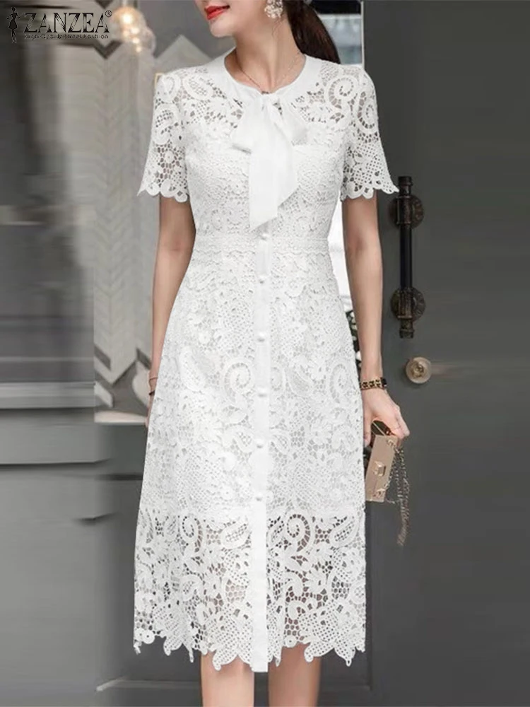 

Elegant Lace Sundress 2025 ZANZEA Office Lady Dress Women Summer Bow Collar Short Sleeve Fashion Hollow Out Party Midi Vestidos