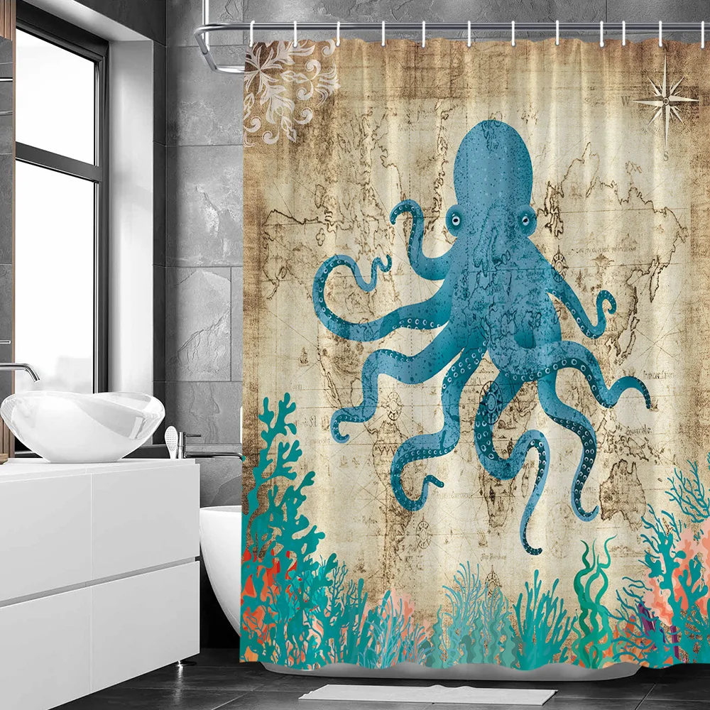 Octopus Shower Curtain Marine Creature Tentacles Butterfly Retro Bathroom Decoration Fabric Bath Accessories Set Hanging Curtain