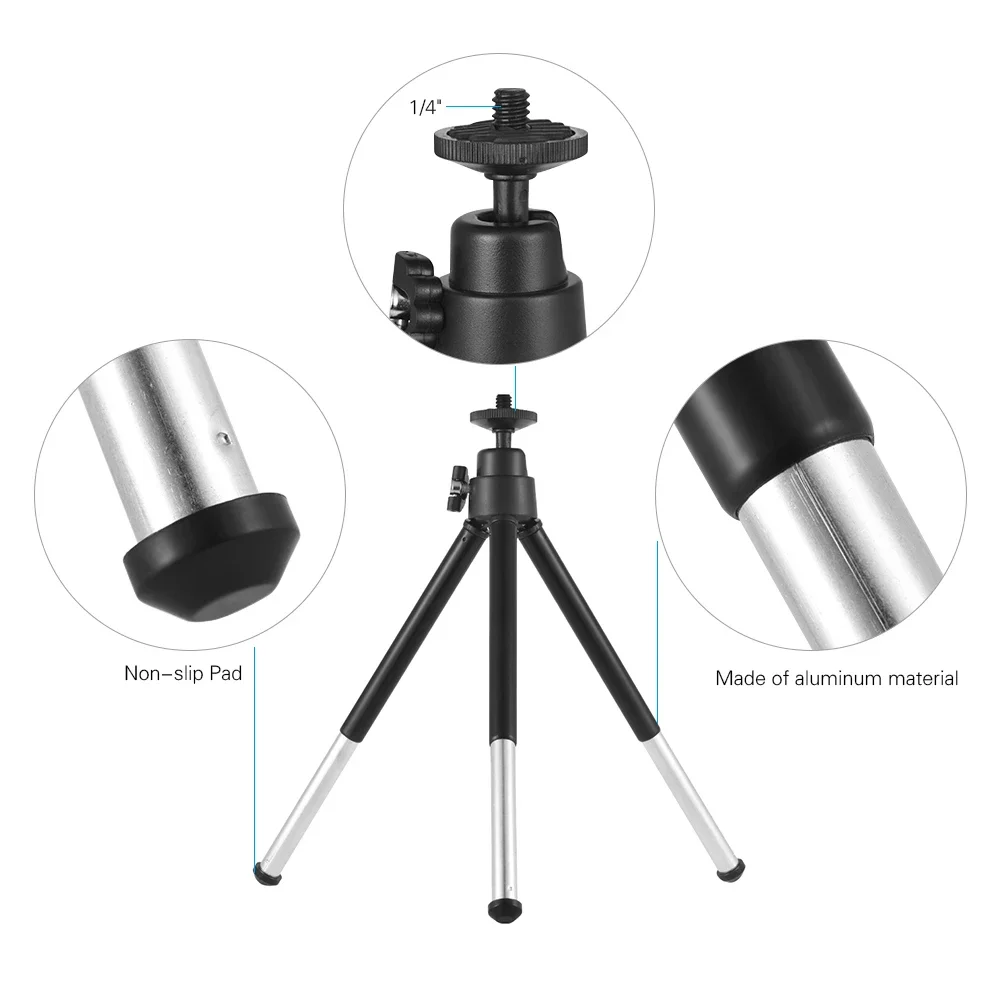 Mini DesktopTripod 2-Section Extendable Tripod Stand Holder 1/4 Inch Screw Mounts for Phone ILDC Max. Load 0.5kg Black