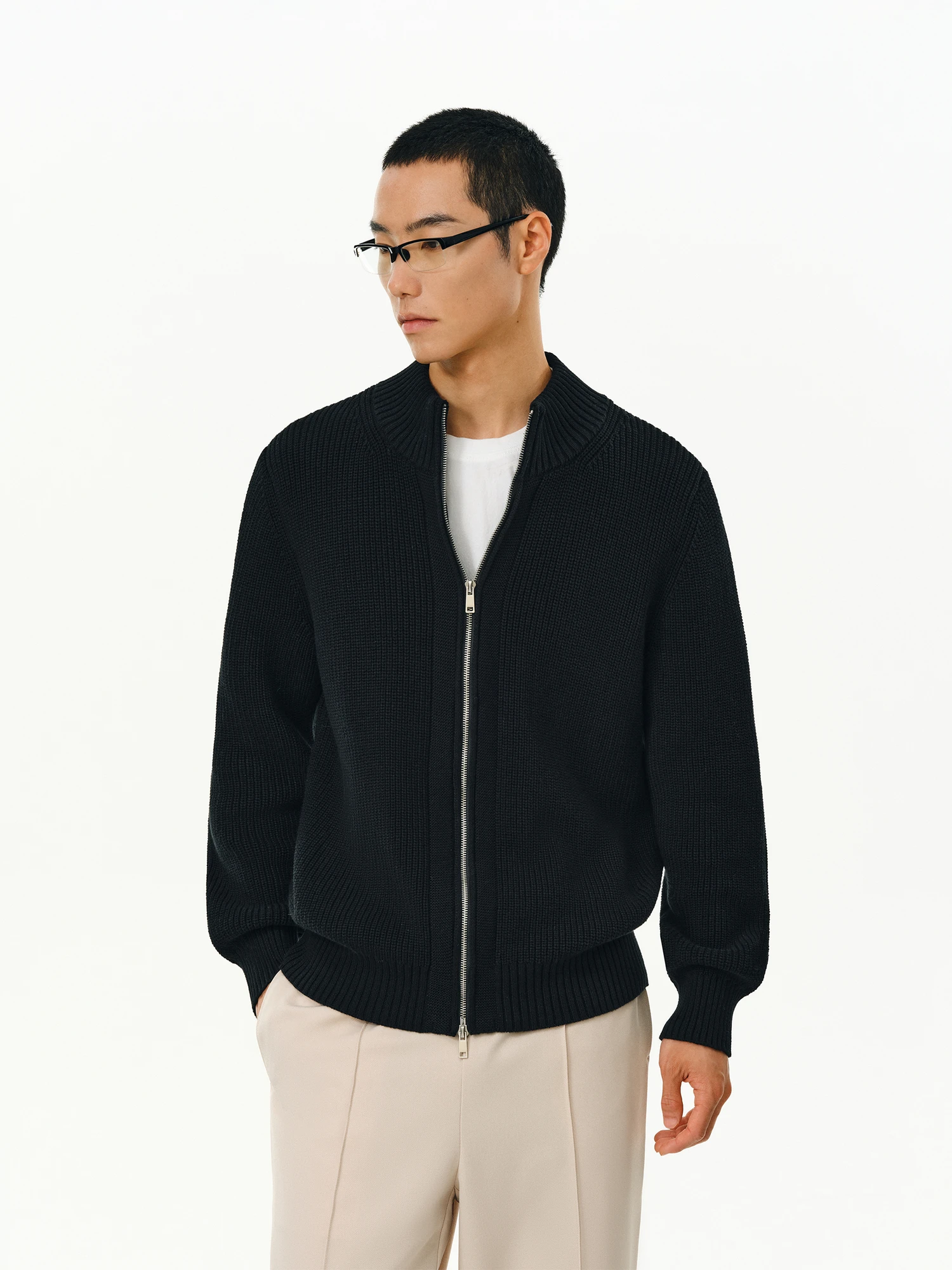 

ATRY Men's Open Cardigan Jaet Loose Fit Simple Versatile Design Dual Zipper Stand Collar Sweater American Retro Sle