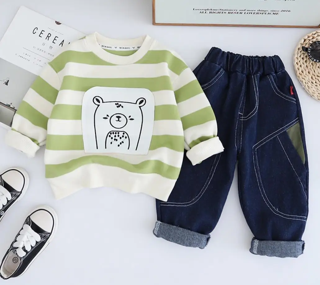 Korean Style Baby Boys Clothes Luxury Designer Outfits 2024 New Striped Embroidered Bear Hoodies+Pants Toddler Children Suits